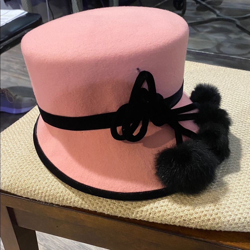 Elegant Pink and Black Felt Women's Hat w/fake fur Pom poms - Picture 2 of 5